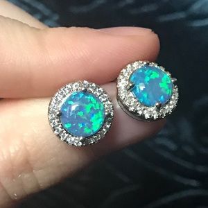 Cabochon blue opal halo earrings